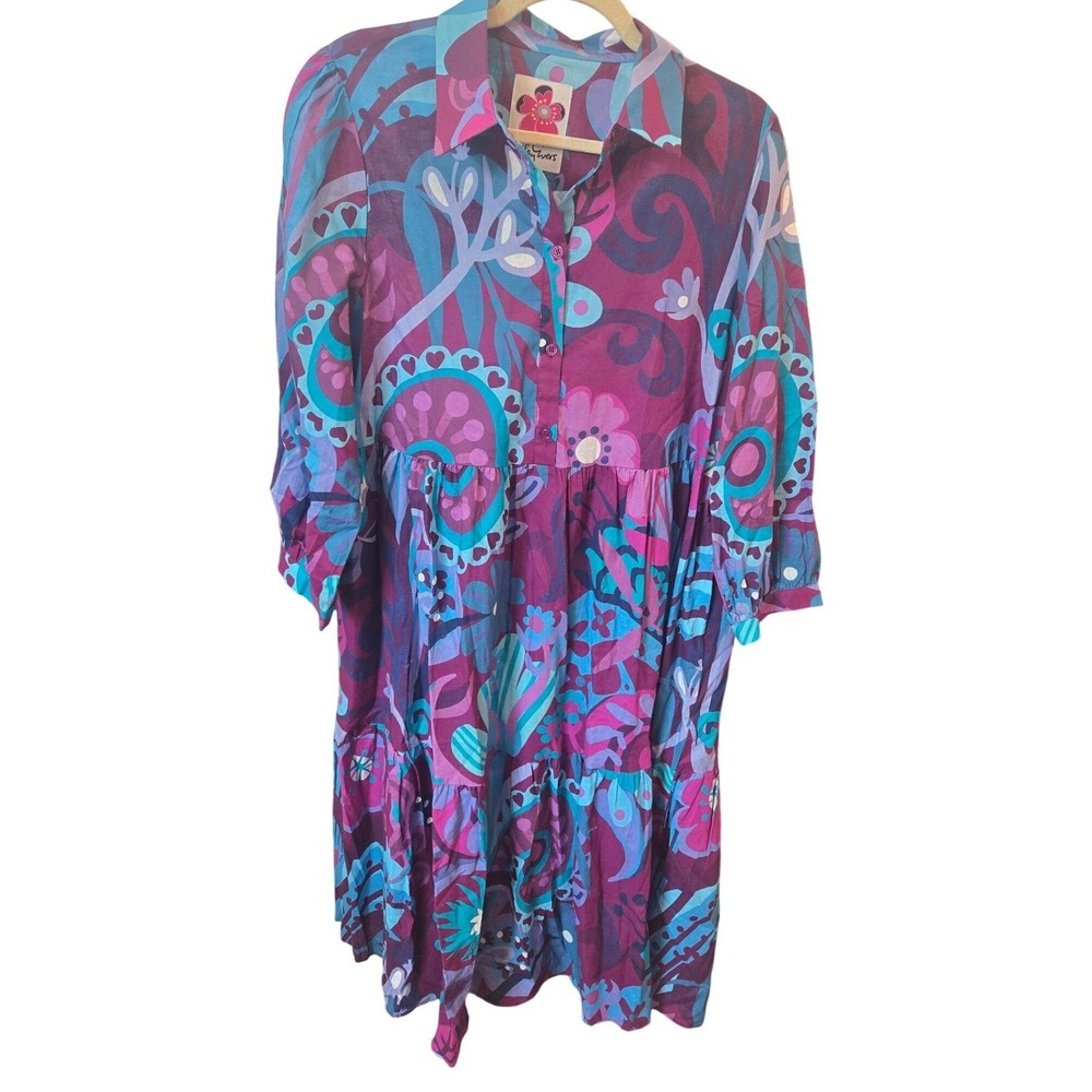 Leslie Evers Ruthie Dress Purple Blue Floral Linen Cotton Tiered Maxi Boho Large